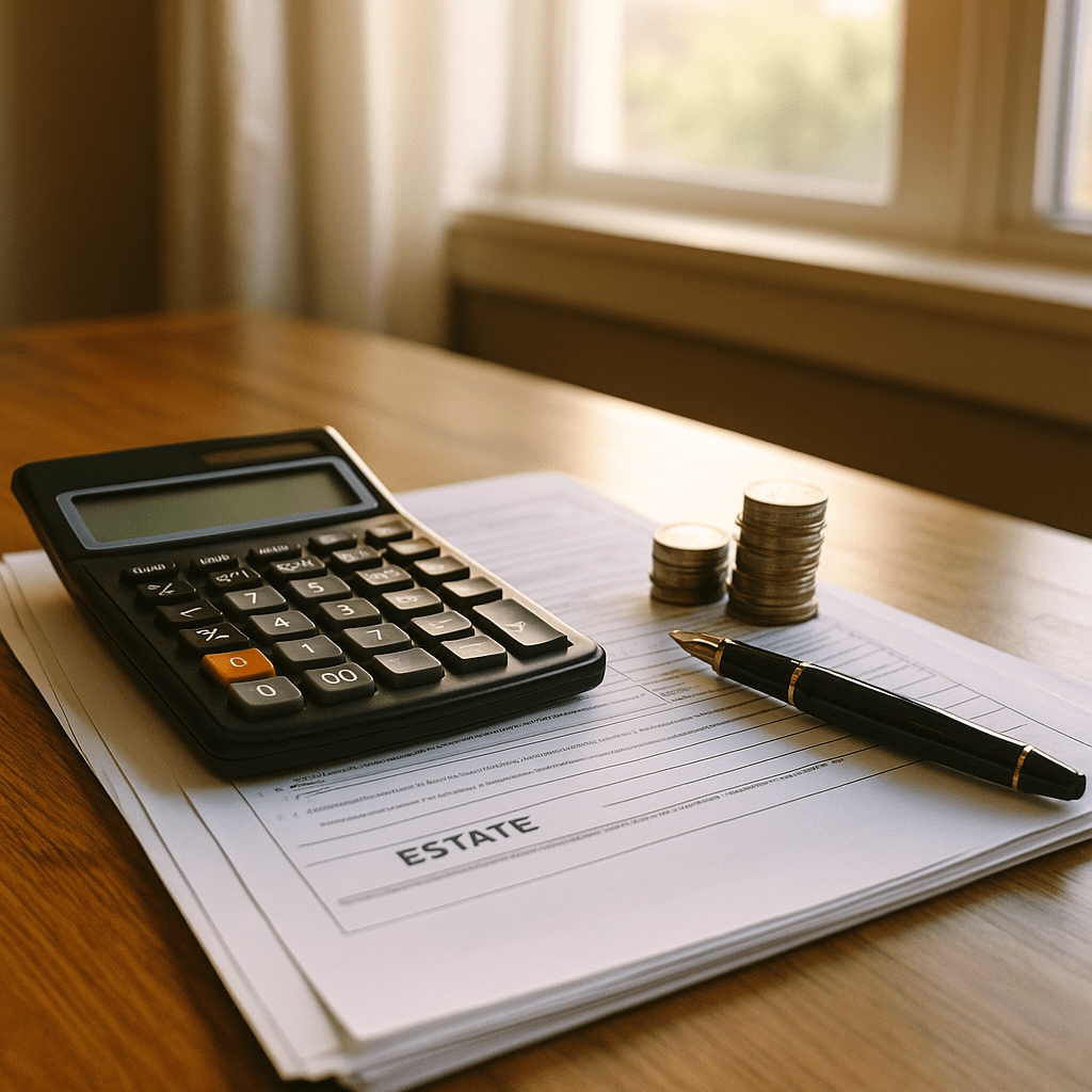 Calculator and estate documents symbolizing inheritance advance costs and payouts