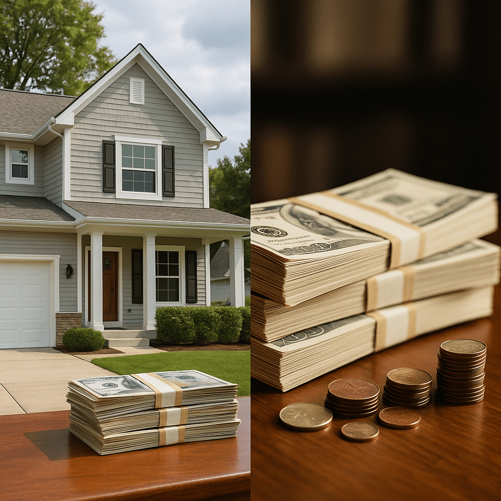 Family home and cash stacks illustrating assets affecting inheritance funding