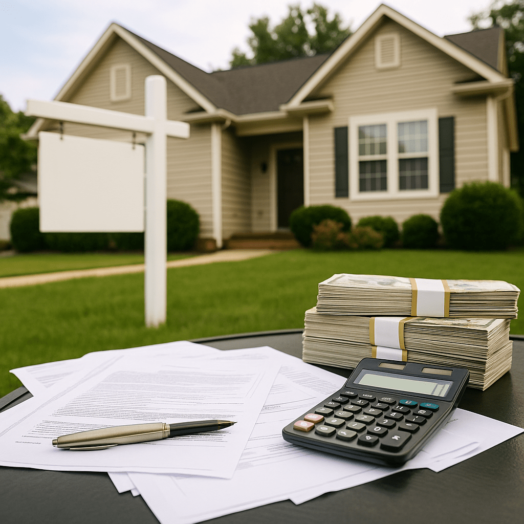 Suburban house and bills symbolizing inheritance funding for debts and property costs