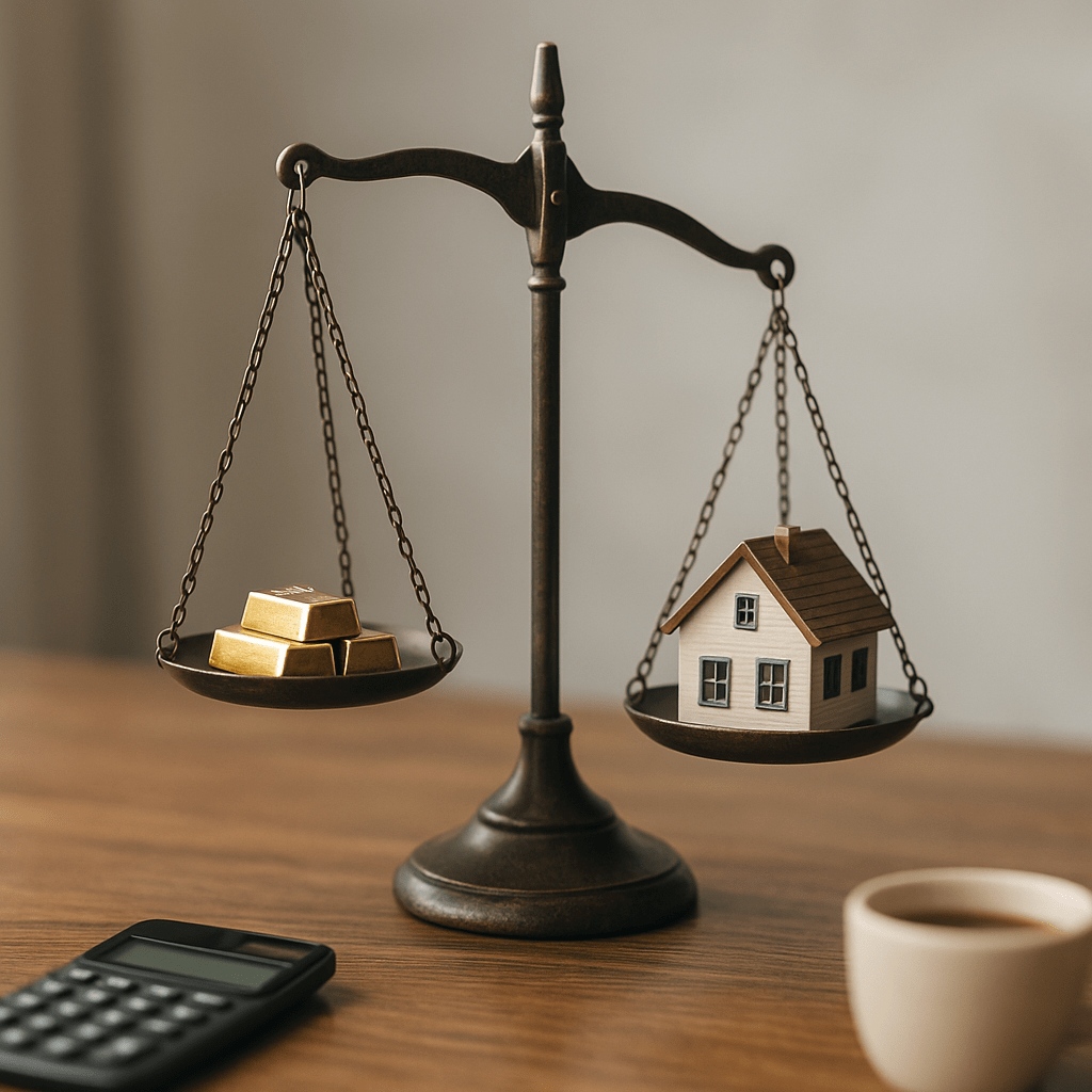 Balance scale with gold bars and miniature house illustrating estate value changes in probate loans