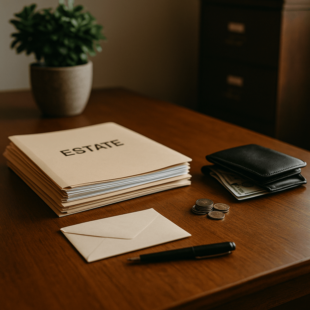 Estate documents and cash illustrating probate advance over traditional loan