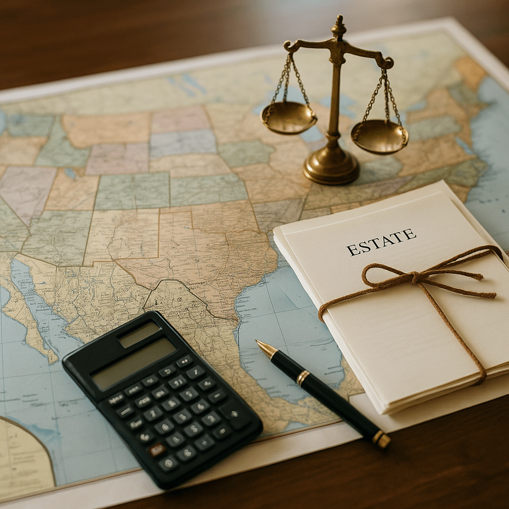 Map and estate files symbolizing how probate rules differ and affect inheritance funding